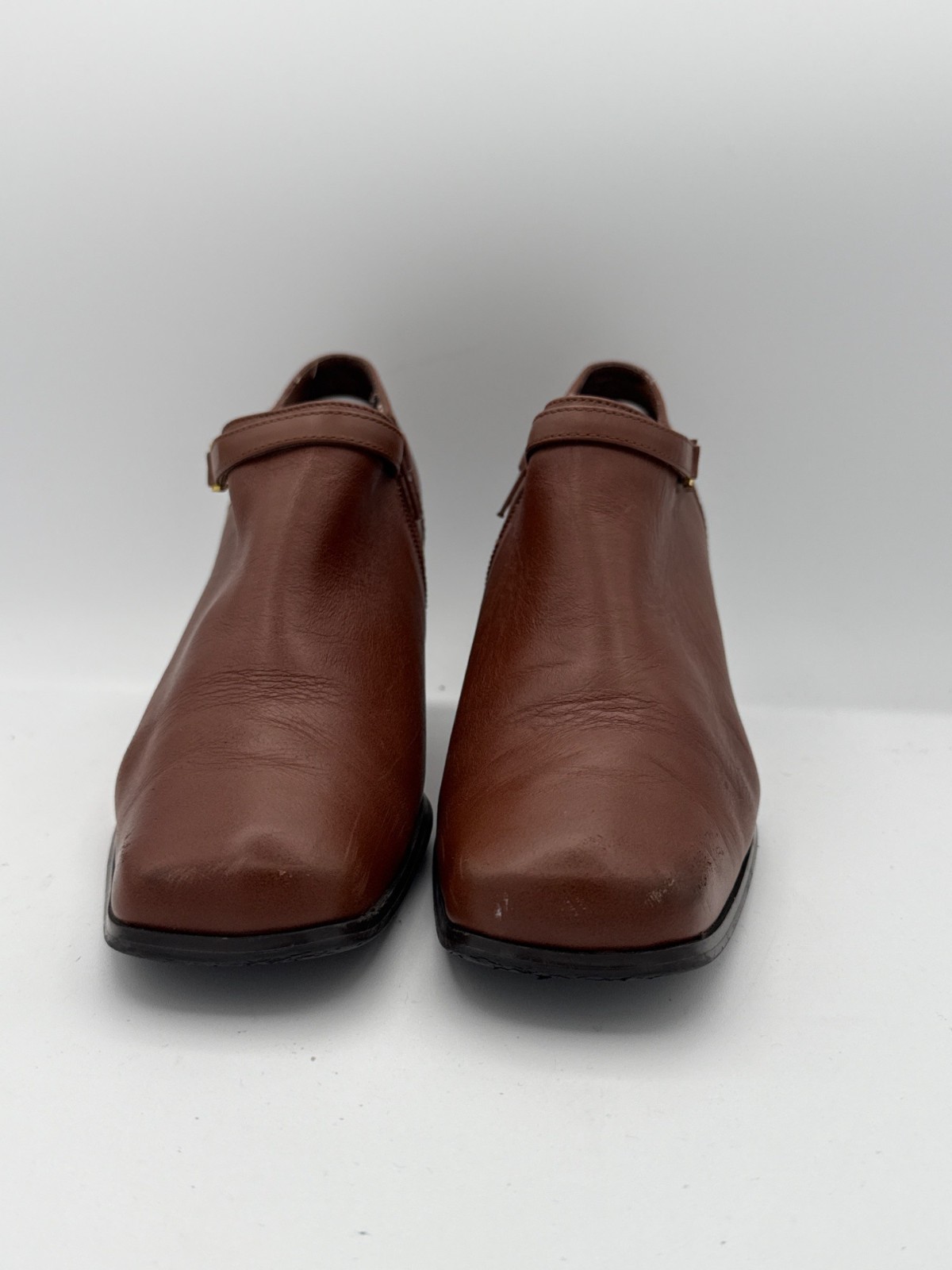 AJ Valenci Brown Leather Block Heel Ankle Booties With Side Zipper & Strap 7W
