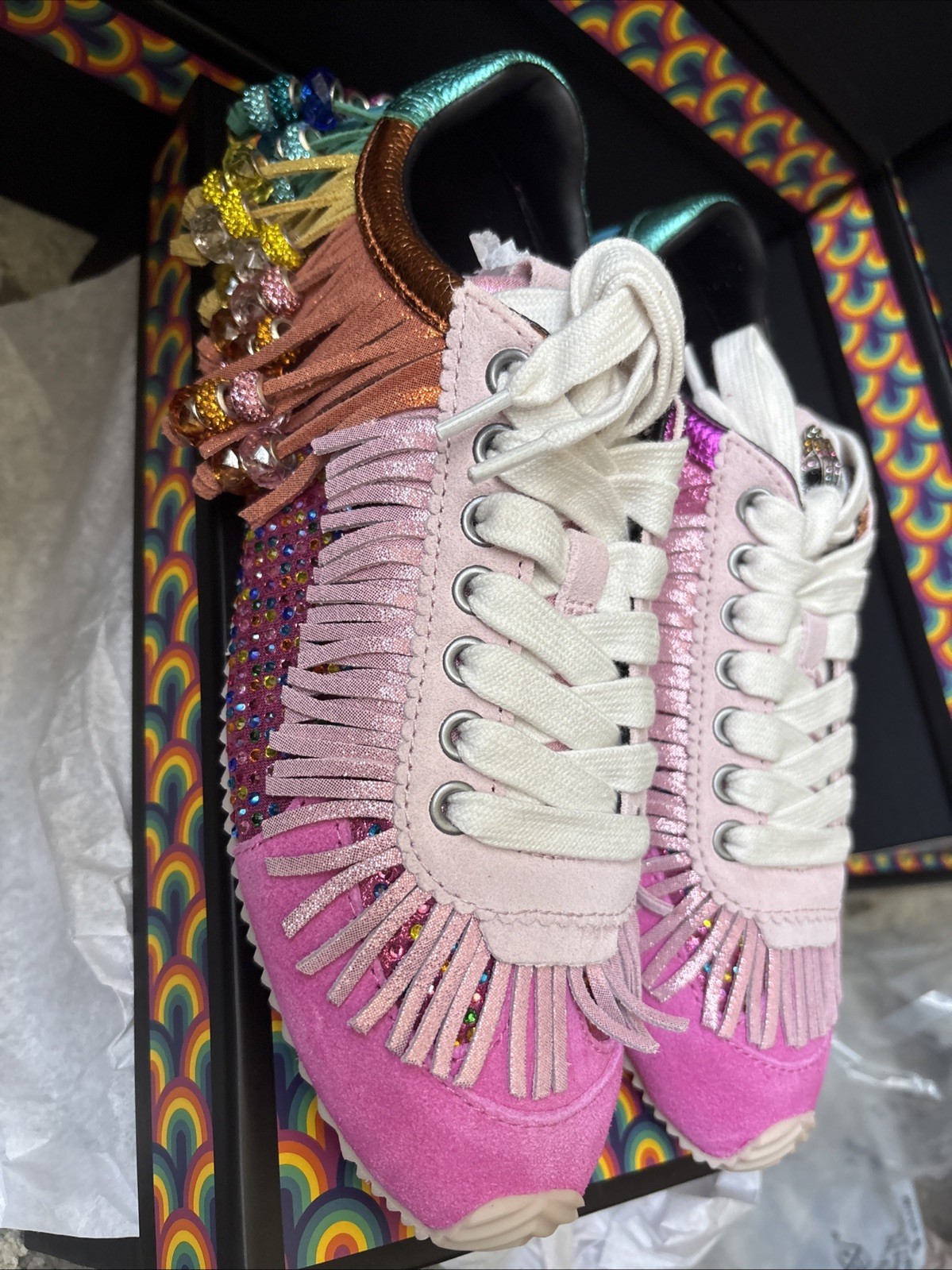 Kurt Geiger London Islington Suede Beaded Tassel Fringe Sneakers Fuschia-7.5/38