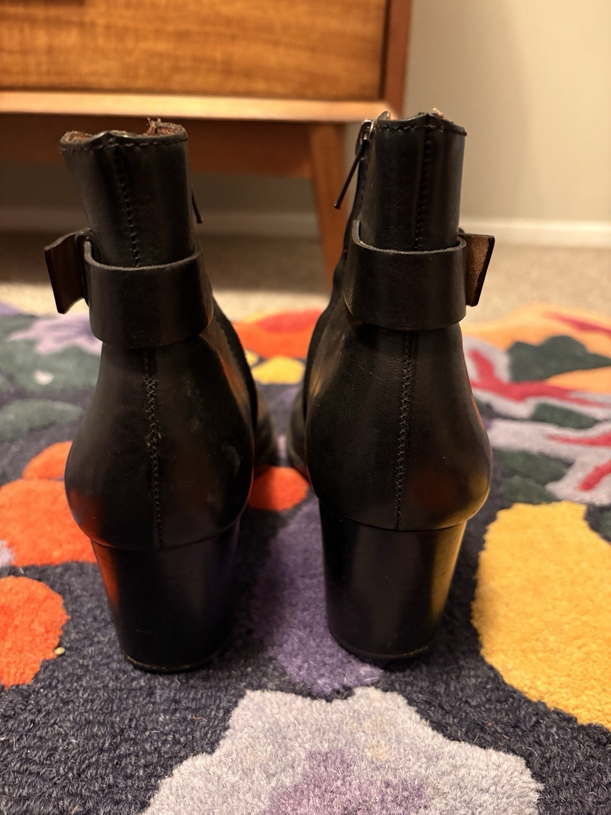 Madewell Black Leather Ankle Boots Size 8 Block Heel Side Zip Made in Brazil