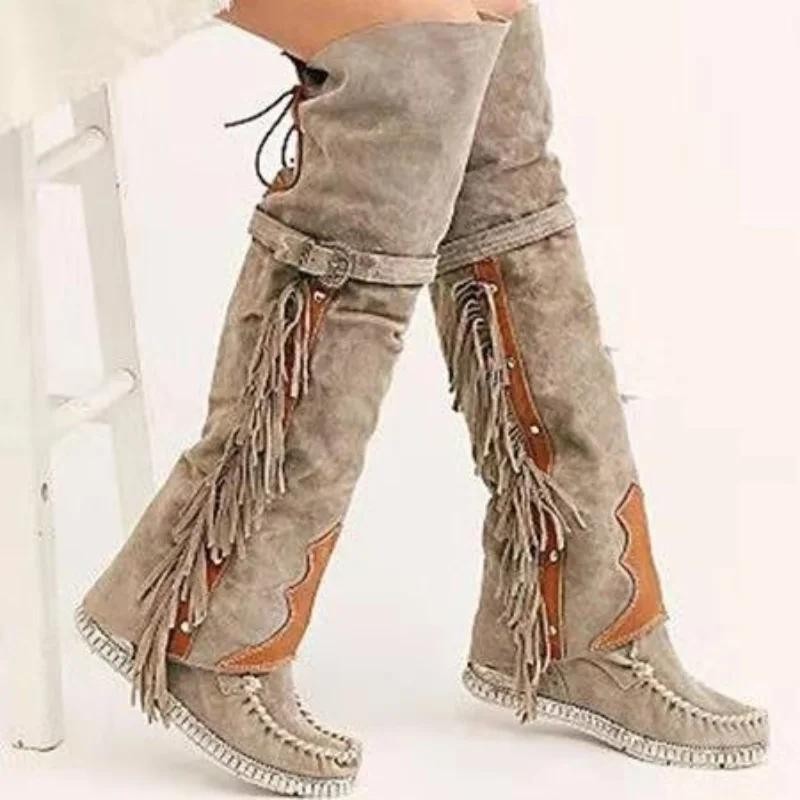 Fashion Bohemia Knee-length Women Boots Ethnic Personality High Boot Tassels Fau
