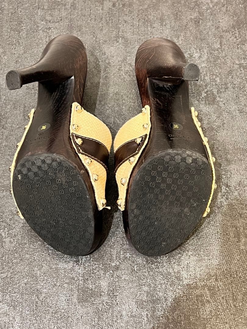 GUCCI Horsebit Mules Sandals Size 23cm 9in Brown Canvas Wood Sole