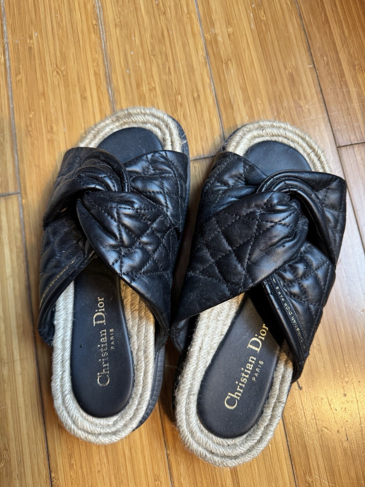 Christian Dior D-Twist Espadrille Slides Black Cannage Leather Sandal 8