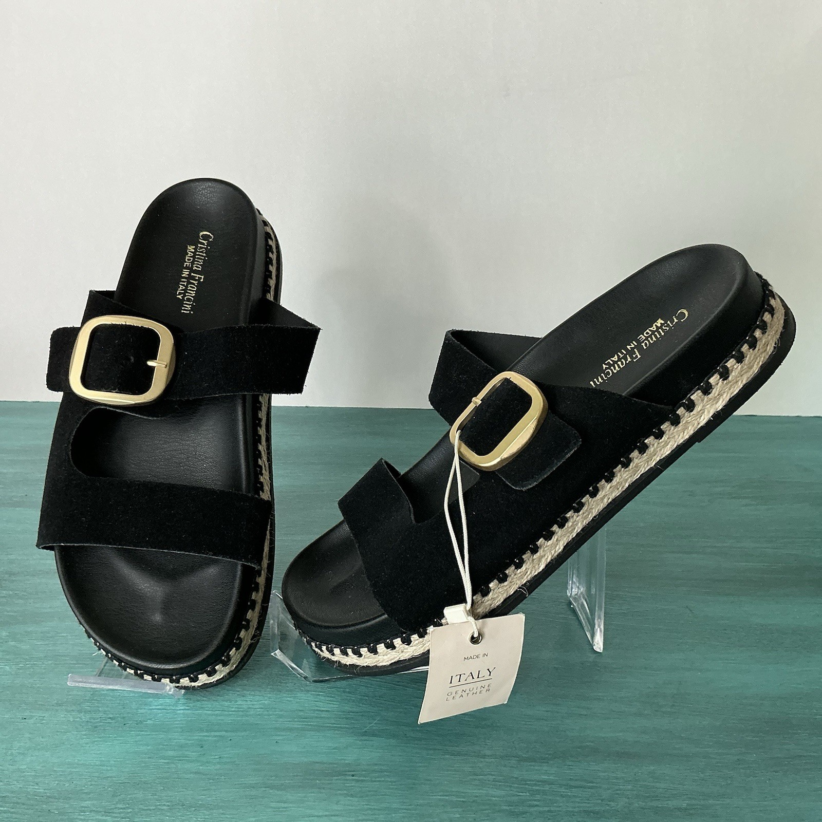 Christina Francini NWT Italy Black Suede Slide Sandals Comfort Boho Hippie