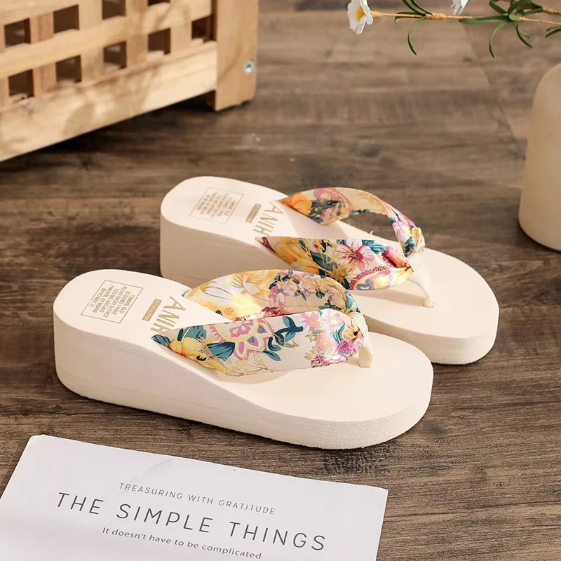 Women Summer Wedges Slipper Bohemian Satin Ribbon Female Flip Flop Ladies Beach