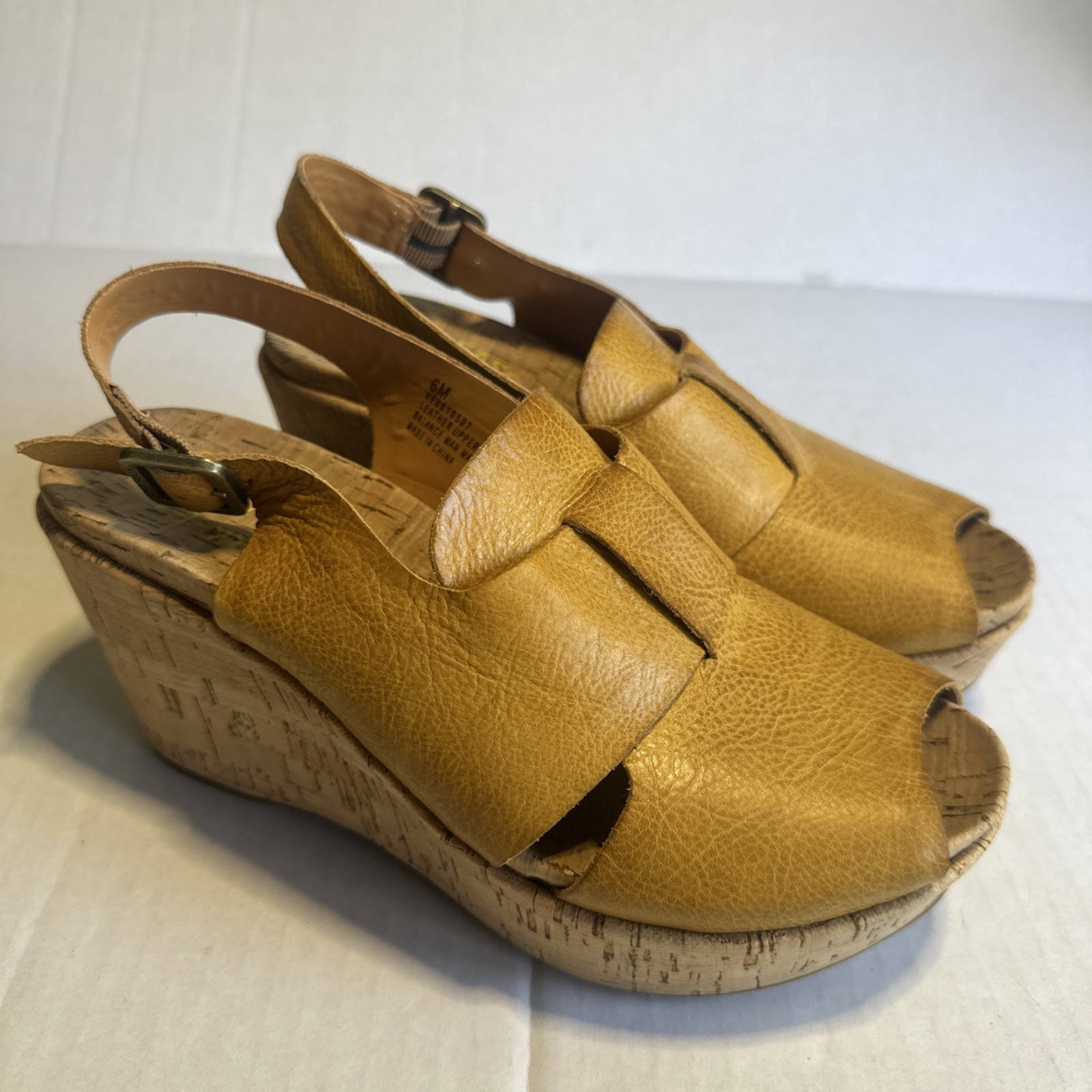 Kork Ease Alex Sandal Size 6 M Yellow Leather Wedge Cork 3 1/4 Inch Heel