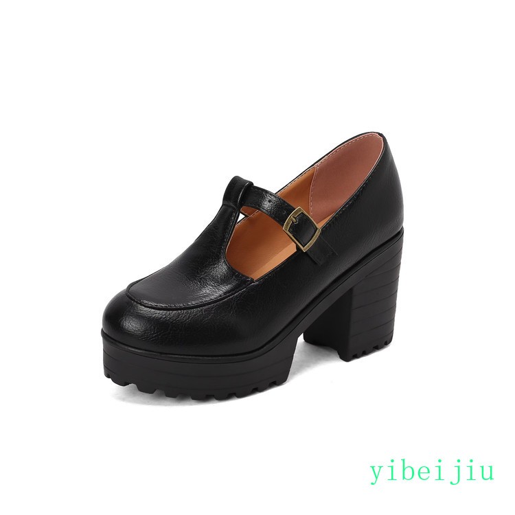 Women’s Mary Janes Leather Shoes High Thick Heel Platform T Strap Retro Vintage
