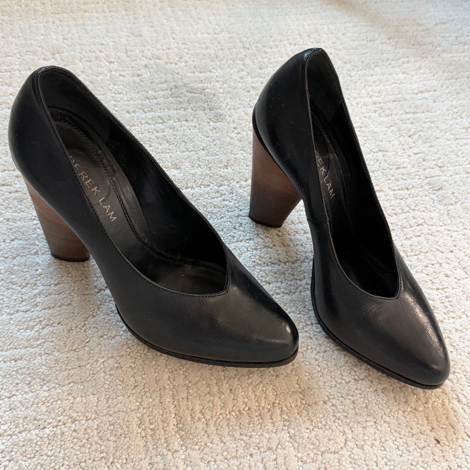 Derek Lam Black Leather Wood Block Heel Pumps Pointed Toe Made in Italy 37.5 – 7