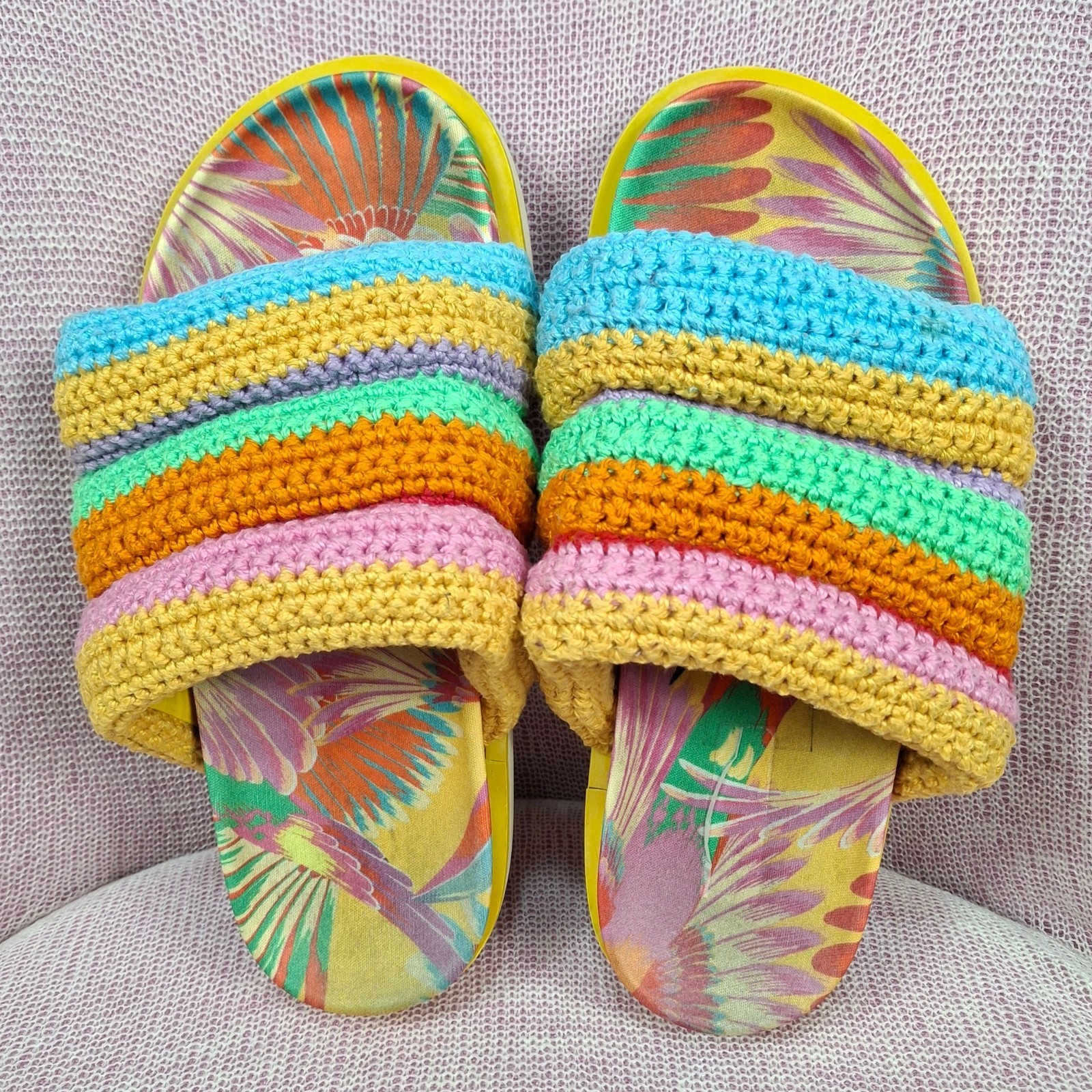 Farm Rio Crochet Slide Sandals Women’s US 7 EU 38 Multicolor Tropical Brazil