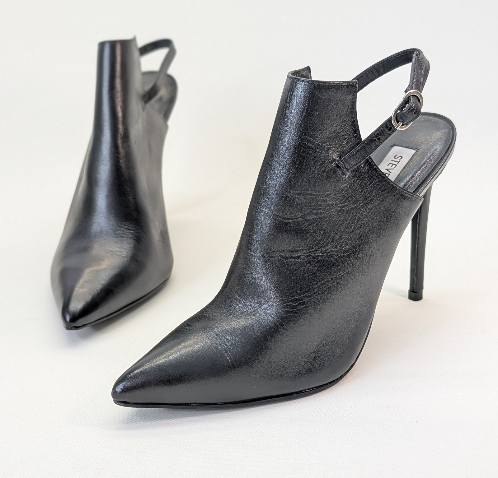 Steve Madden Black Leather Slingback Stiletto Heels Women’s 7.5 Pointed Toe EUC