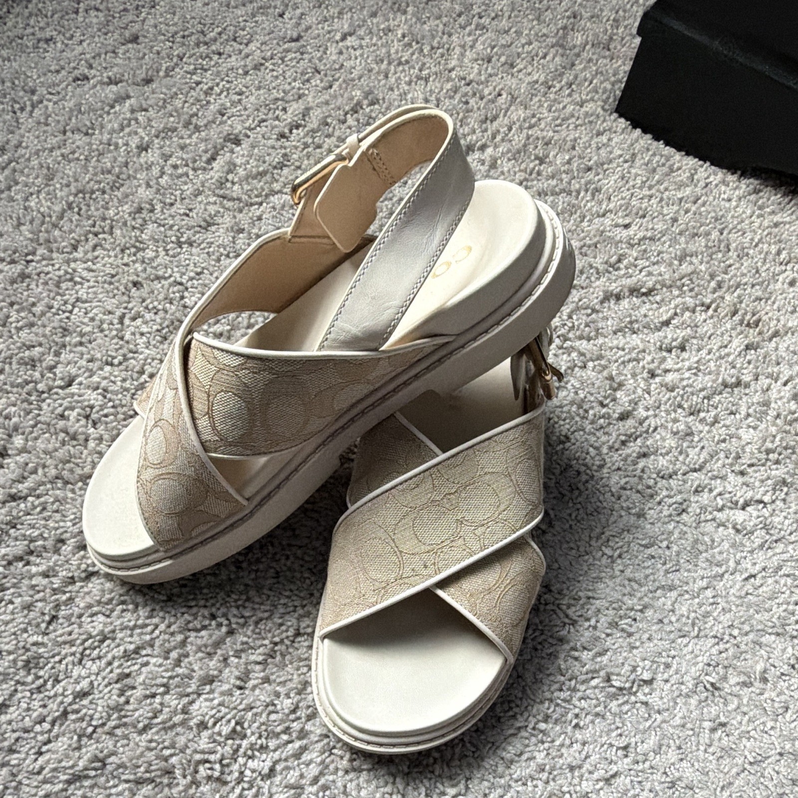 Coach Signature Canvas Strappy Buckle Ankle Strap Sandals Beige/Ivory 6