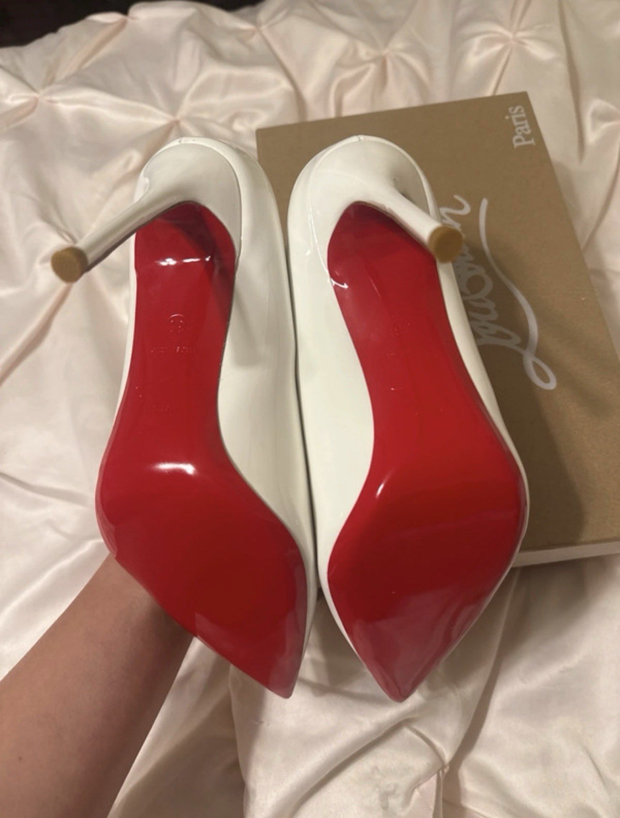 Christian Louboutin White Patent Leather Pointed Toe Pumps Red Sole US 8