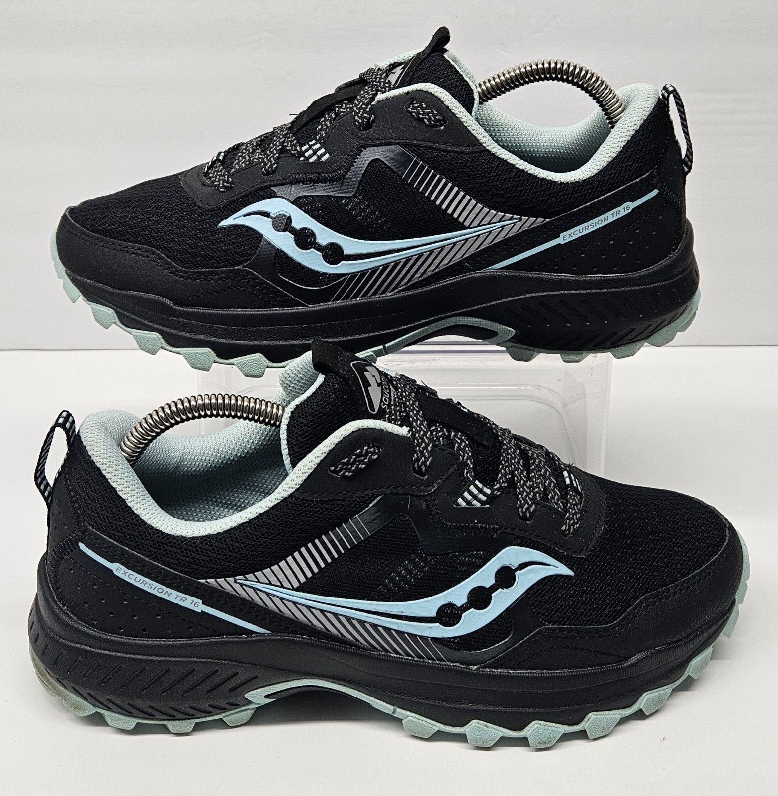 SAUCONY Trail Womens Sz 8.5 Wide Black Teal Blue Lace Up Athletic Sneaker Shoes