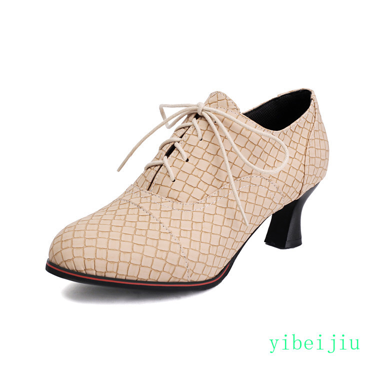 Women’s Crack Check Mid Kitten Heels Shoes Lace Up Pumps Office Daily Plus Size