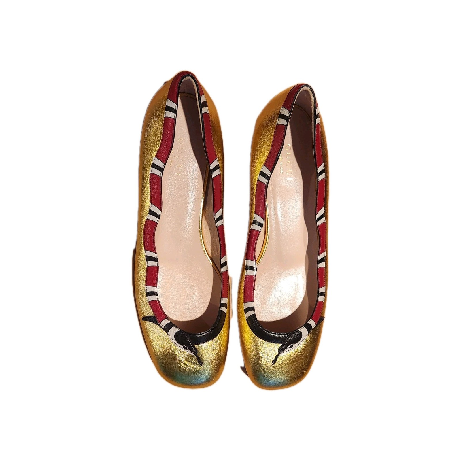 Gucci Yoko King Snake Leather Ballet Flats Shoes Square Toe in GOLD EU 38.5