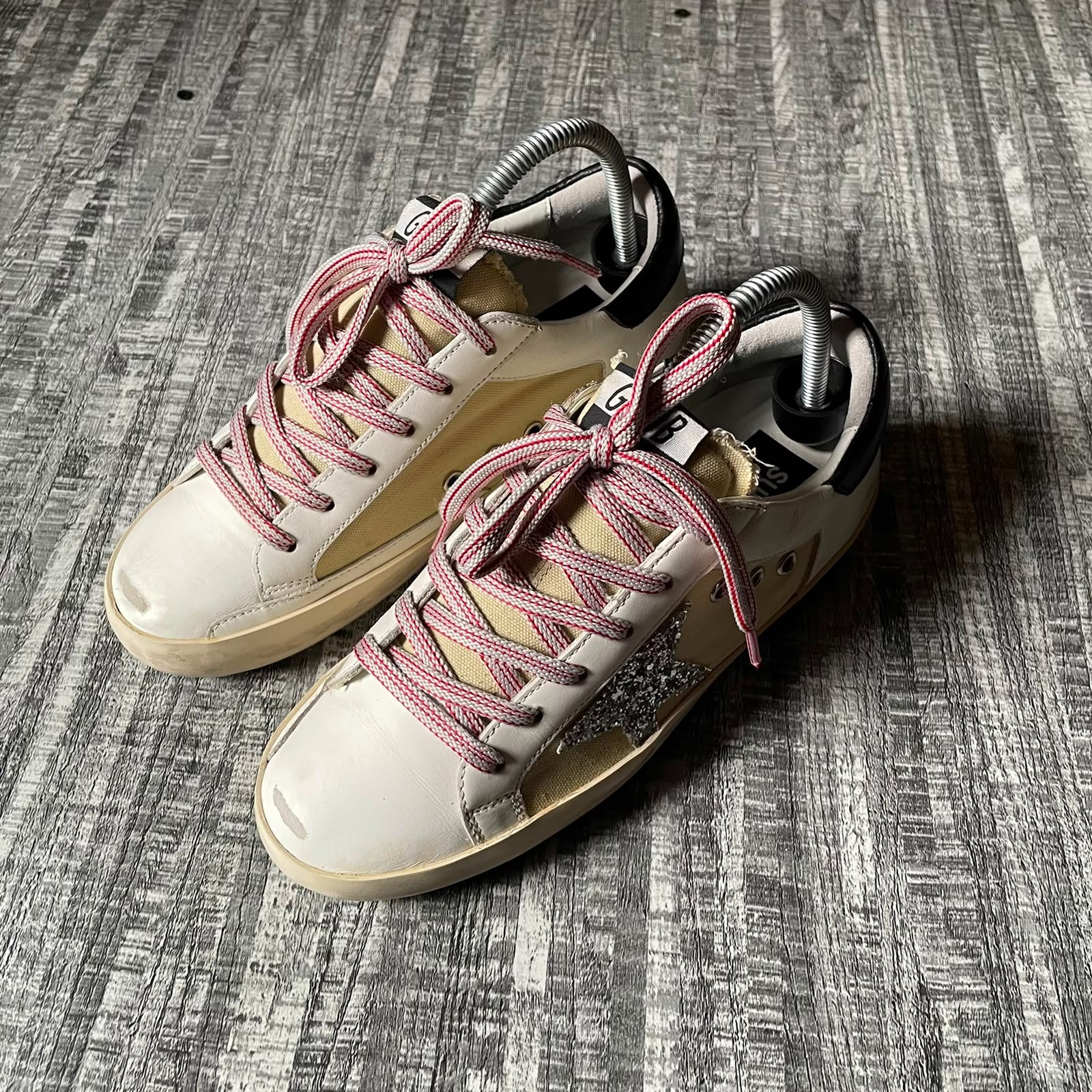 GOLDEN GOOSE SUPERSTAR WHITE LEATHER GLITTER STAR LOW TOP SNEAKERS SIZE EU 38