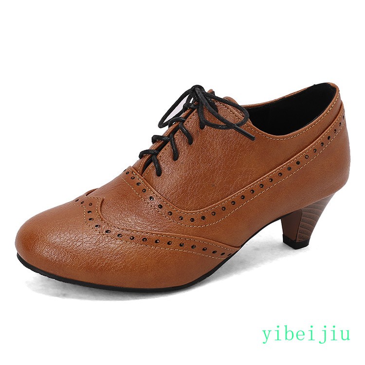 Spring Women’s Low Kitten Heel Wing Tip Lace Up Brogue Shoes Vintage Plus Size