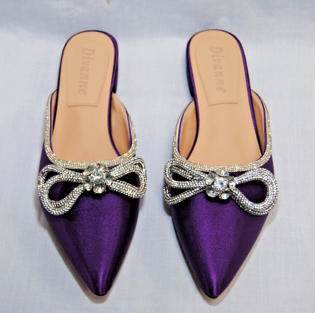 Divanne Women’s Flat Pointed Toe Backless Shoes with Rhinestone Bowknot T2358