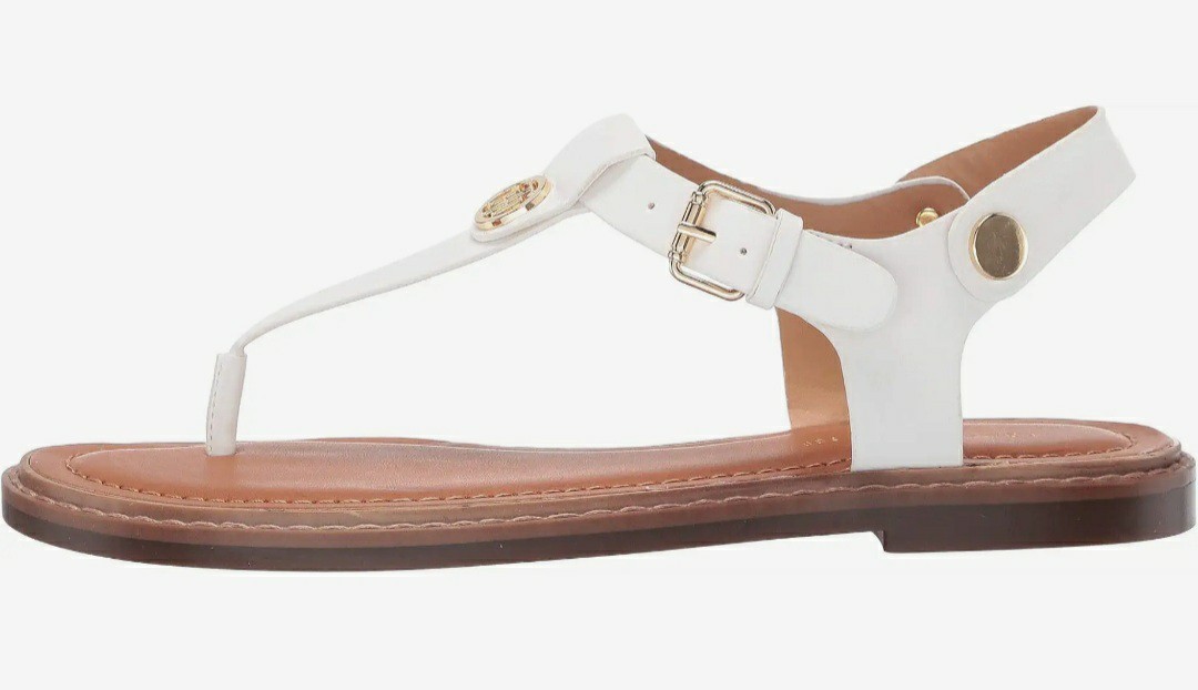 Tommy Hilfiger BENNIA Thong Sandal’s, White/Gold Logo Buckle, Woman’s 7.5 *NIB*