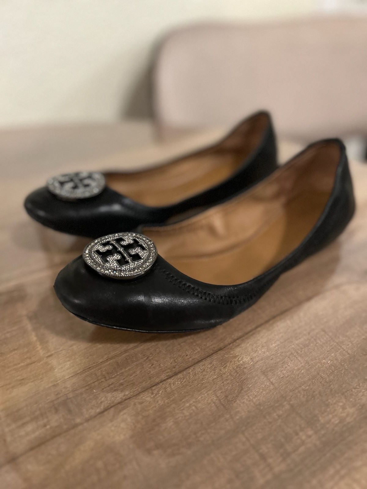 Tory Burch Black Leather Ballet Flats with Crystal Embellished Logo Medallion