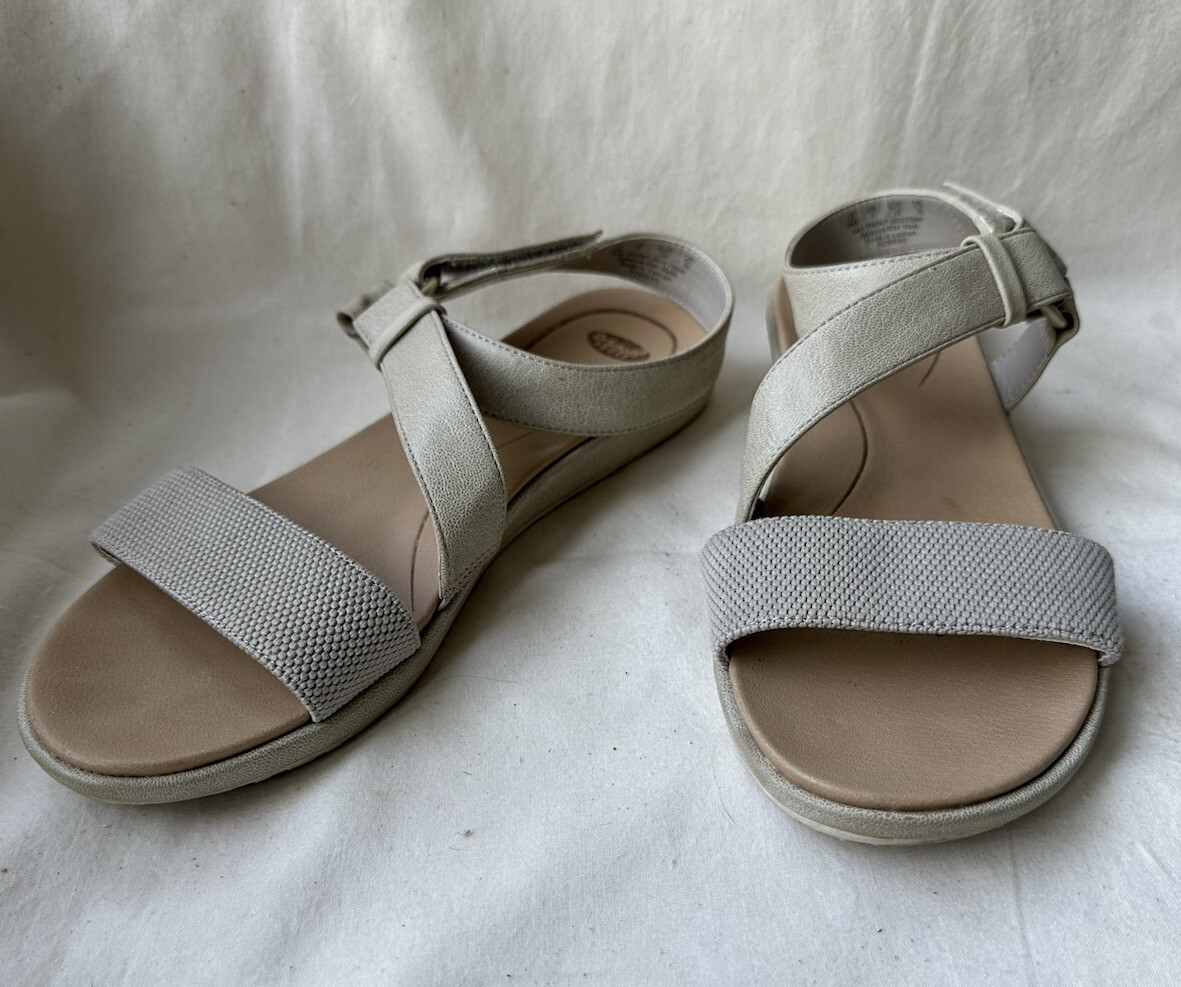 Dr Scholls Womens Beige Faux Leather/Fabric Flat Sandals Sz 9M Pre-owned
