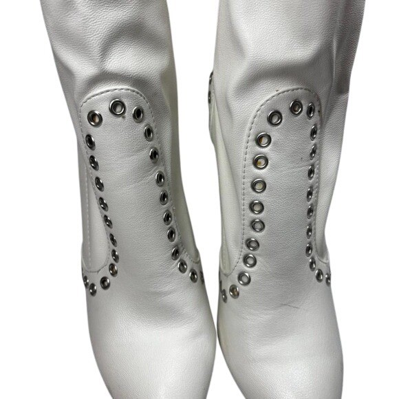 WILD DIVA Pointed Toe Studded Sock Boots Block 4″ Heel White Womens 8.5 Festival