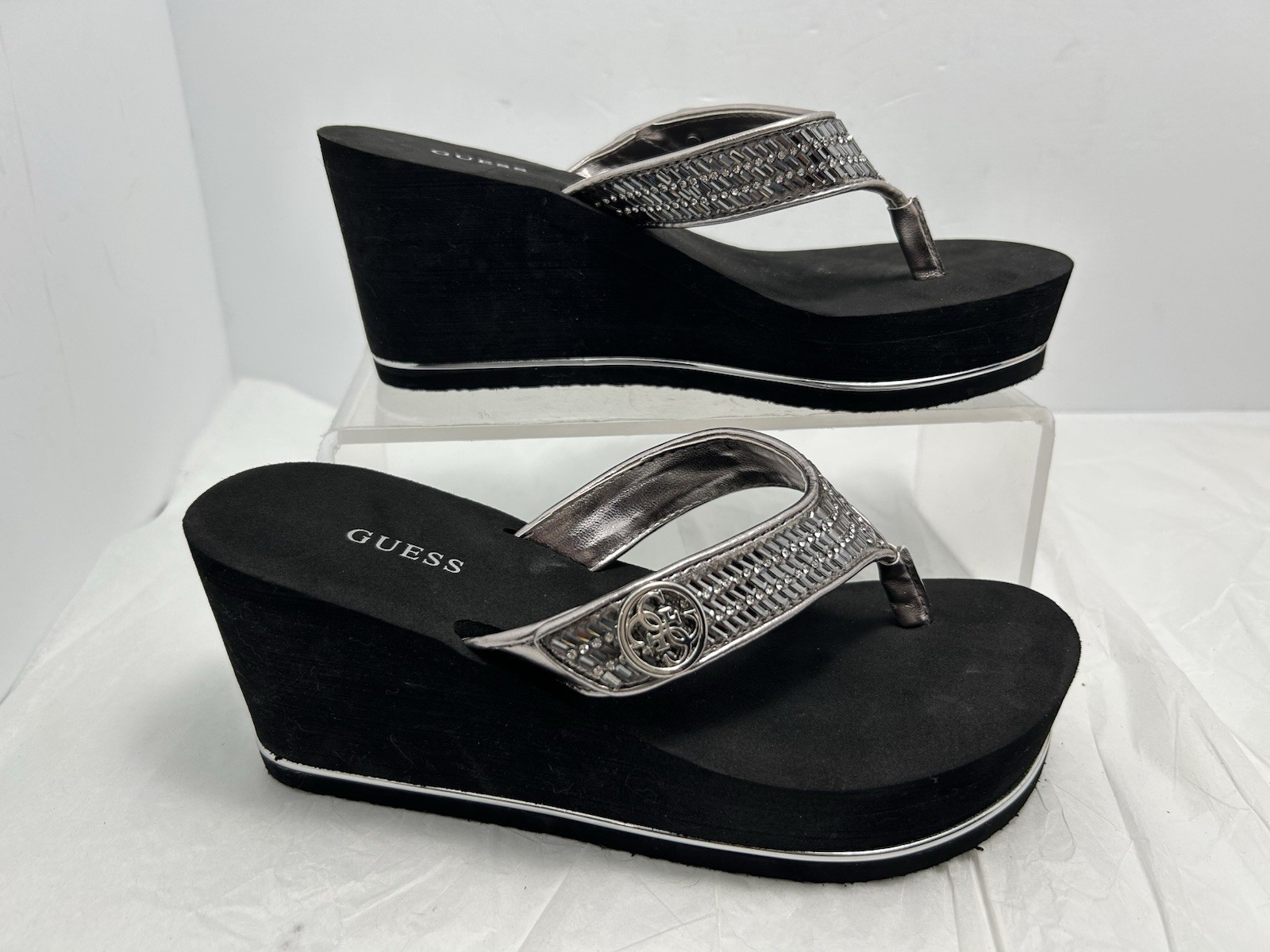 GUESS Sarraly Eva Logo Rhinestone Wedge Sandals Size 7 M Silver New #Y