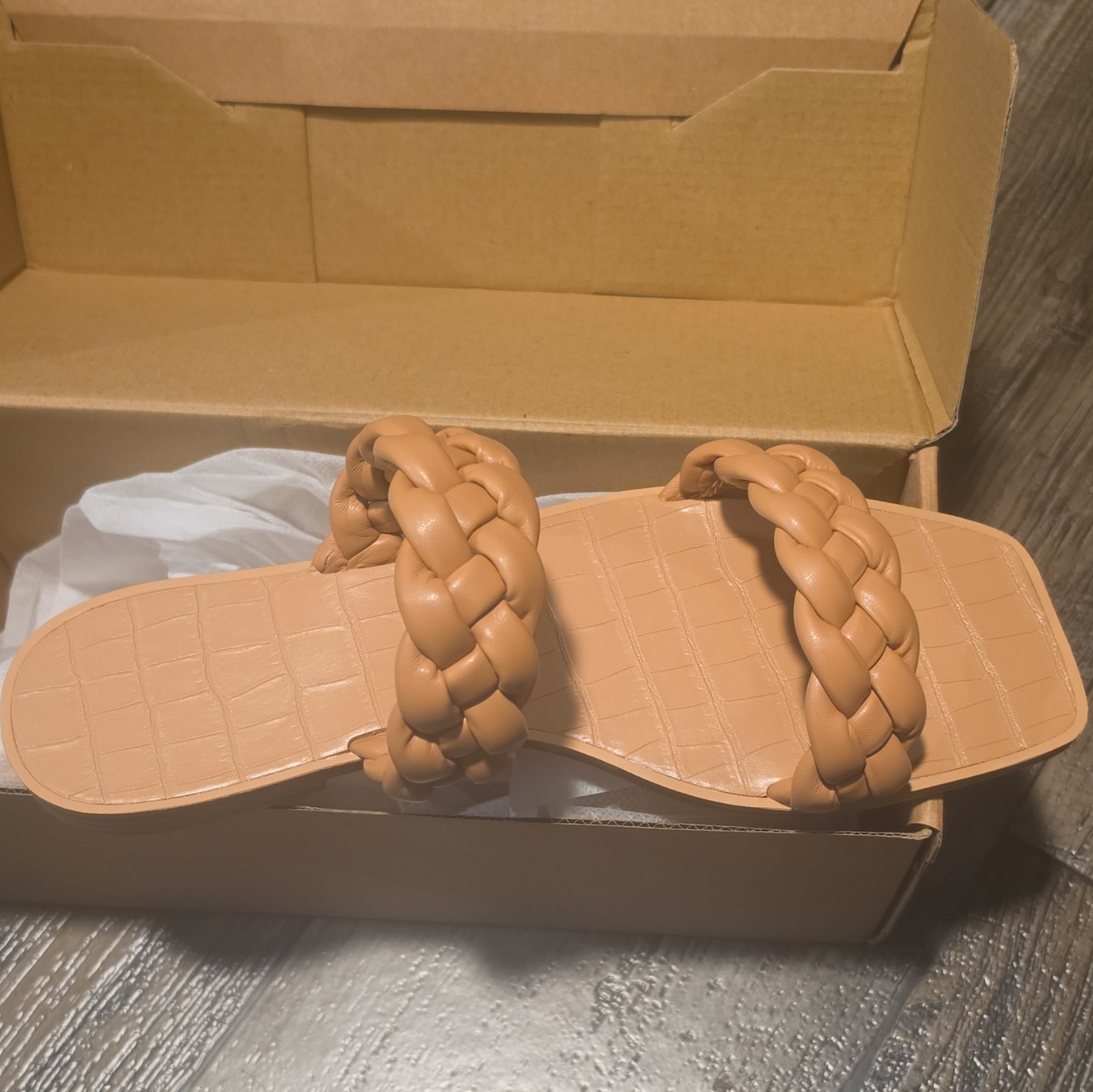 Women’s Beige Braided Double-Strap Slide Sandals Leather Slip-On, US 9