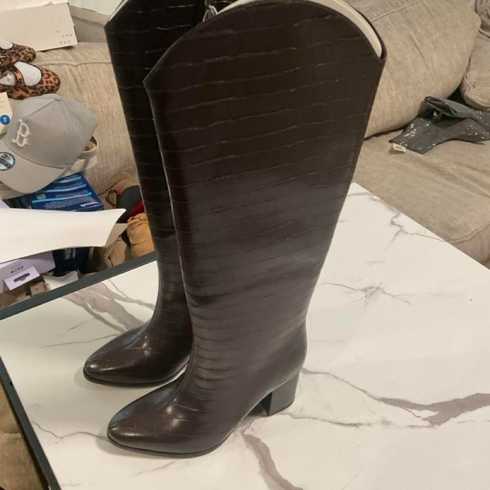 Brown crocodile textured knee high boots