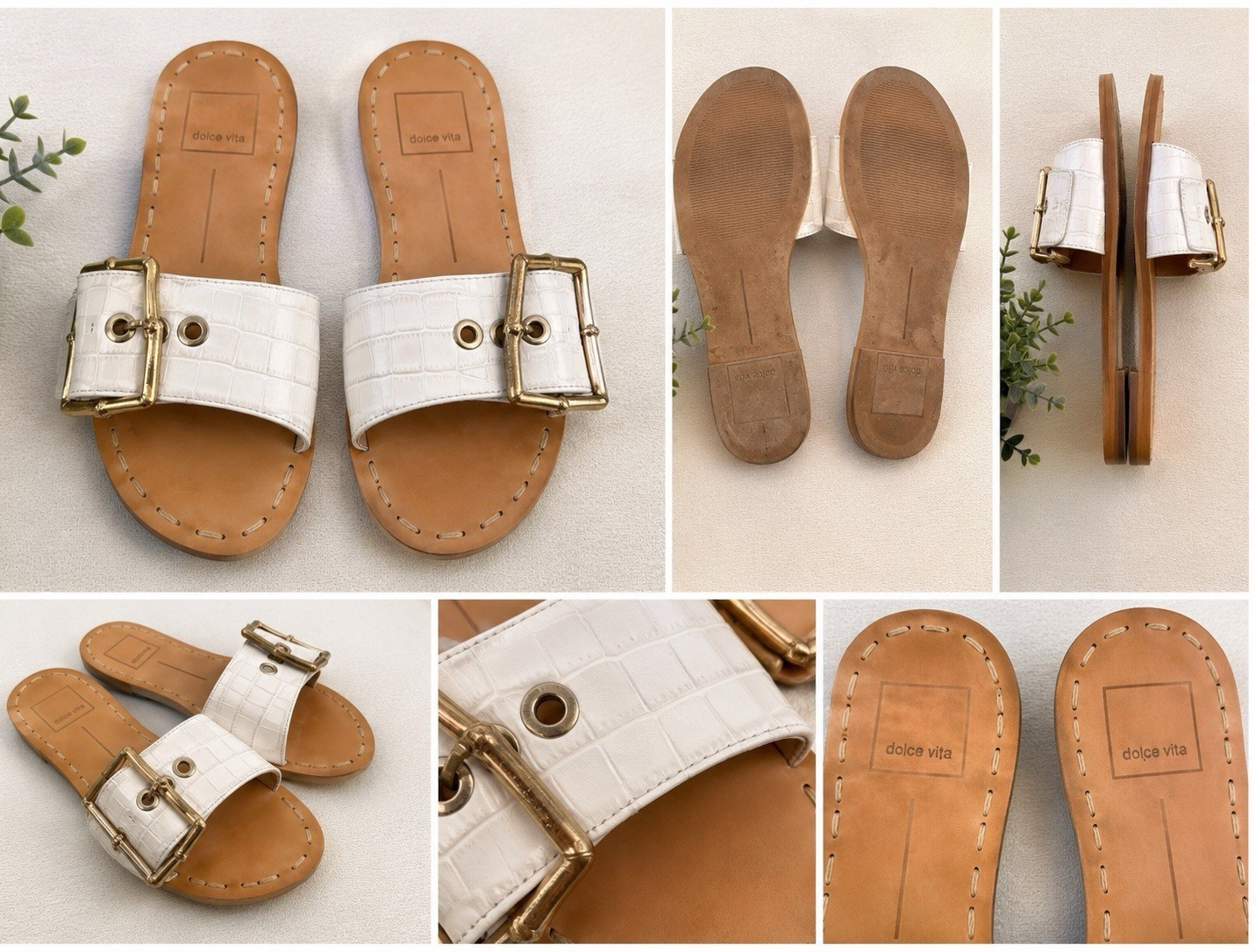 Dolce Vita Women’s White Croc Leather Slide Sandals Gold Buckle Slip-On 6