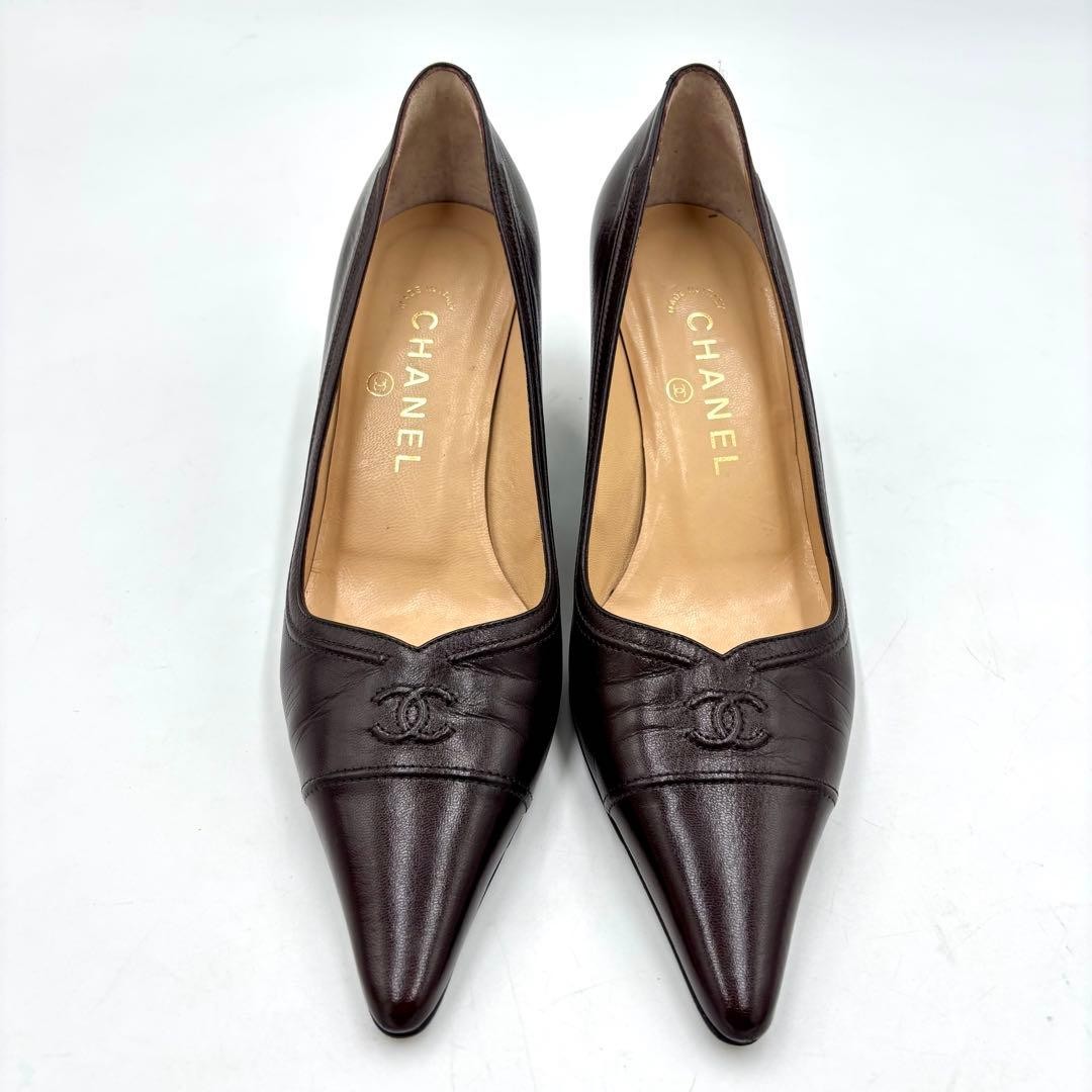 CHANEL Leather Pointed Toe Pumps Size 37.5C Dark Brown Classic Design