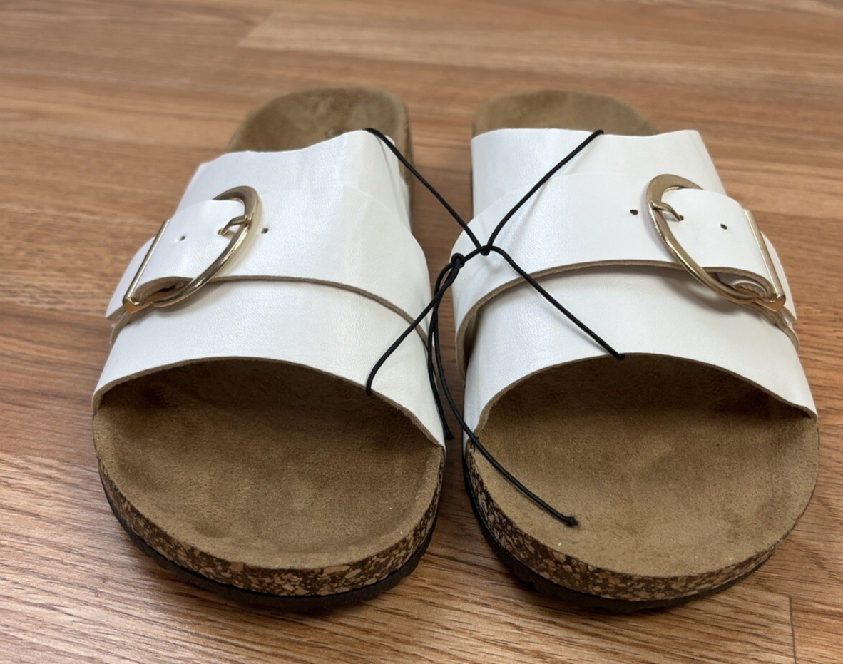 Fashion Nova True Statement Flat Cork Sandals White Slides Size 8 Women’s NEW