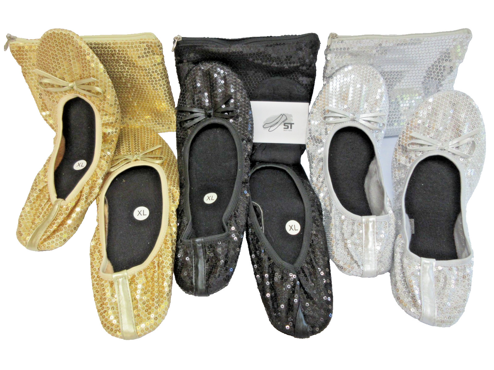 SILKY TOES 3 Pairs Folding Flats Shoes Slippers in Pouch Sz XL/9 Blk Gold Silver