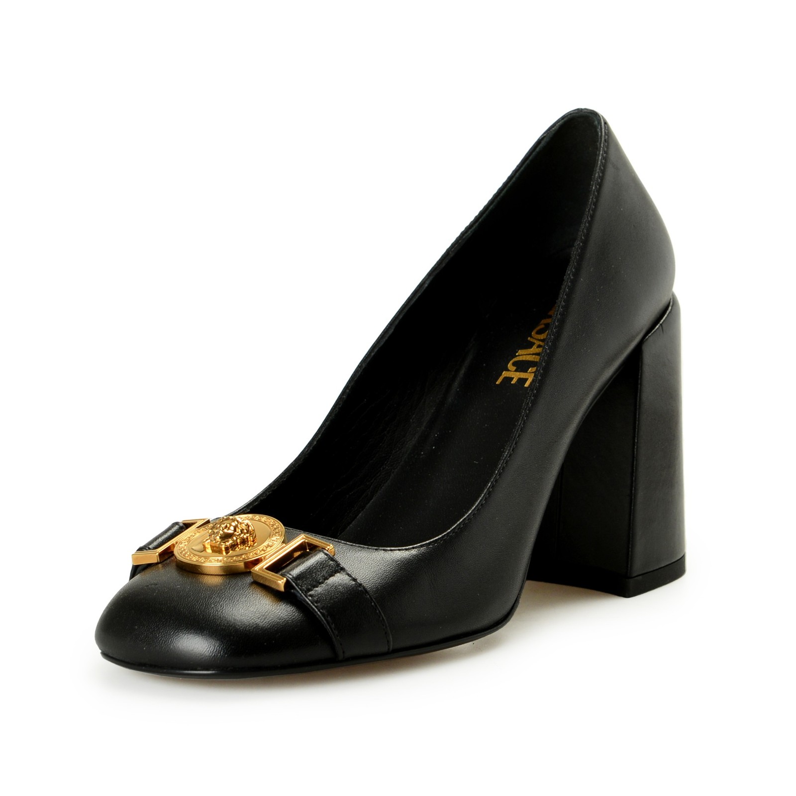 Versace Women’s Gold Medusa Black Leather High Heel Pump Shoes US 11 IT 41