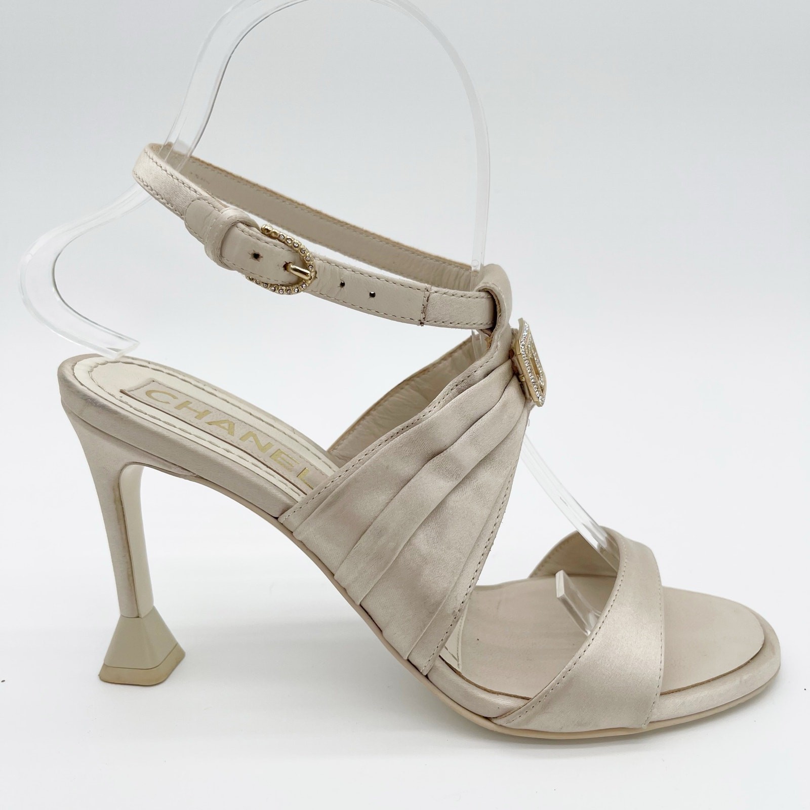 Chanel S/S 2023 Beige Satin Crystal CC Logo Ankle Strap Sandal Heels EU 36