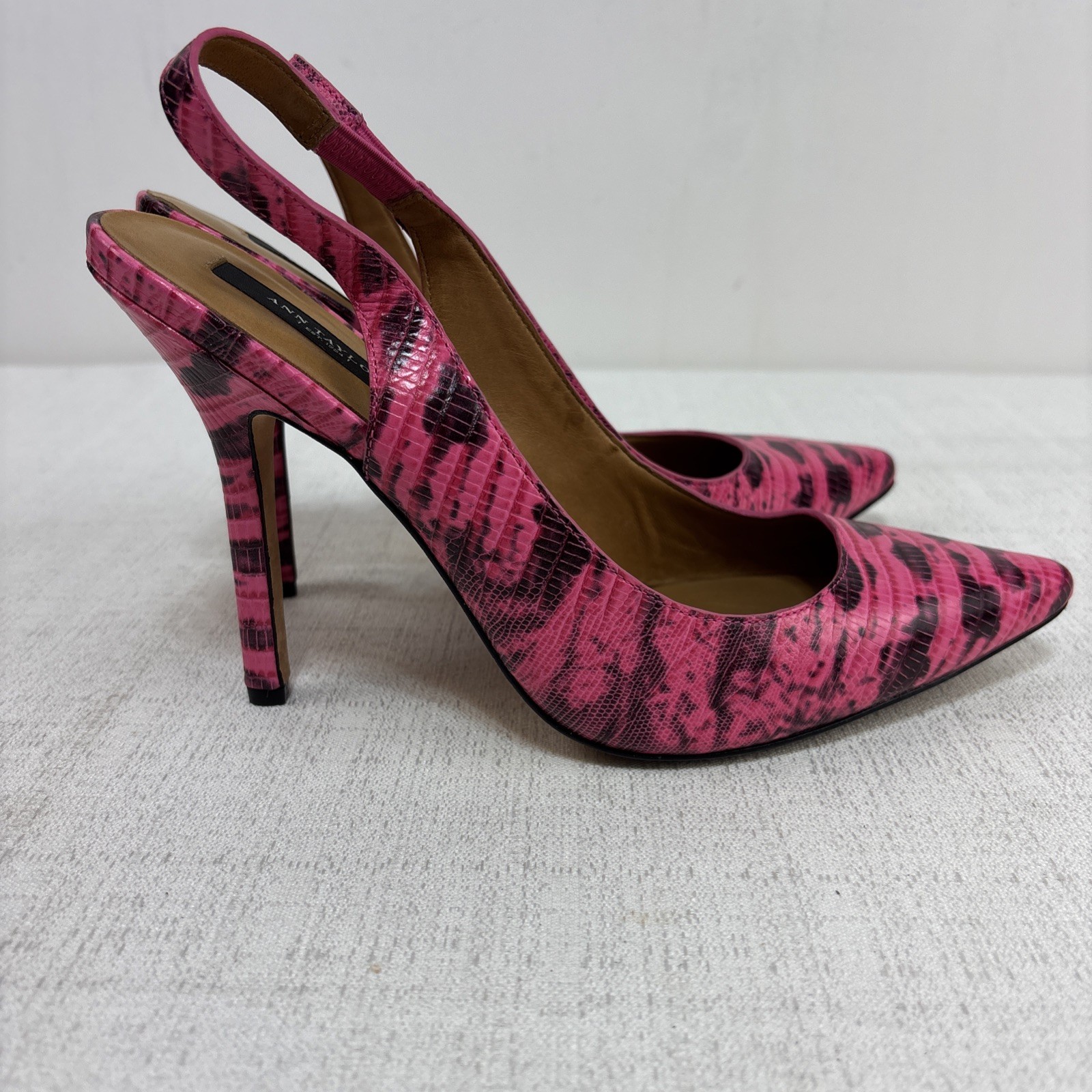 Ann Taylor Pink & Black Snakeskin Print Slingback Pump Leather Size 9