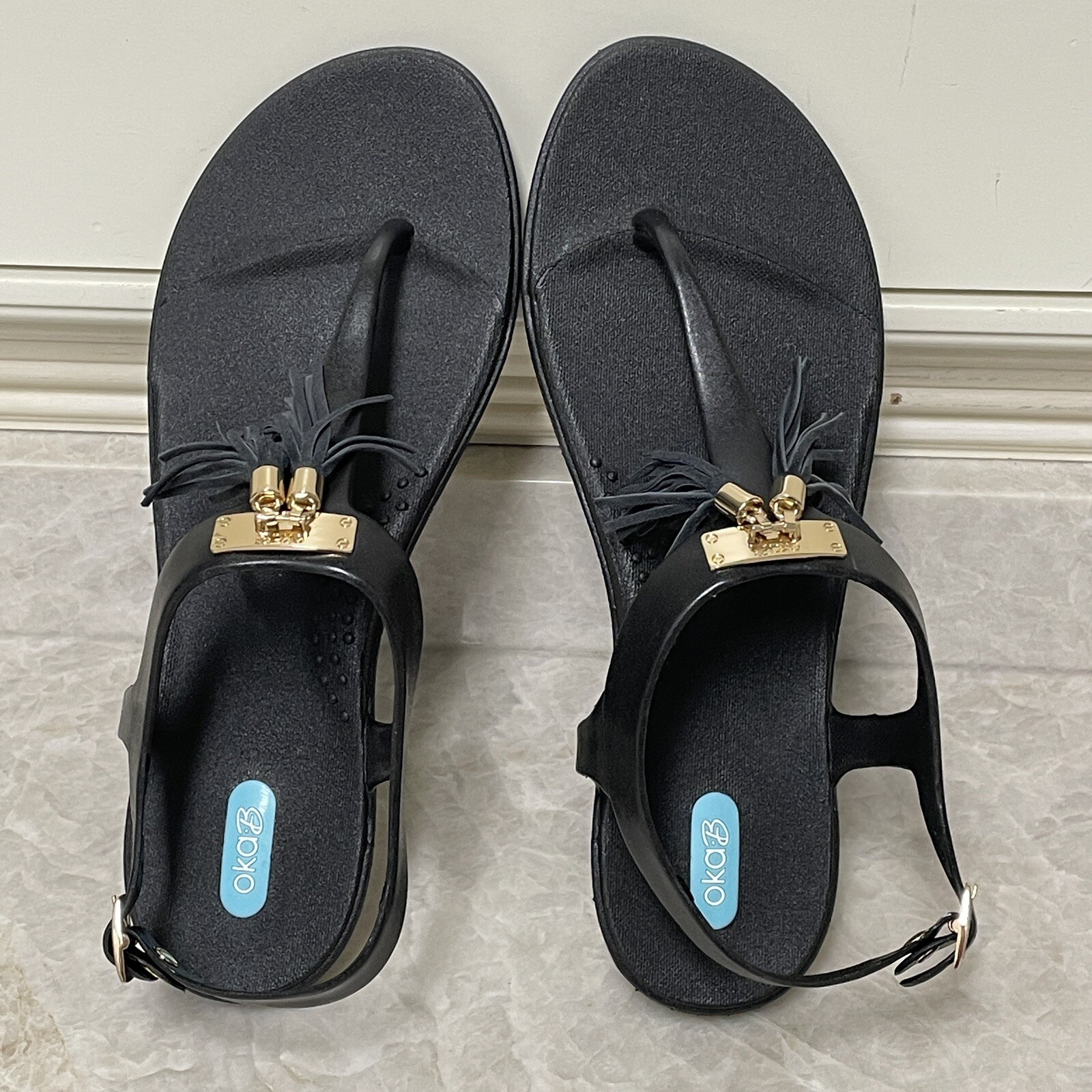 Oka-B Thong Sandals Womens 9 Black Tassel Jelly Comfort Flip Flops Summer New