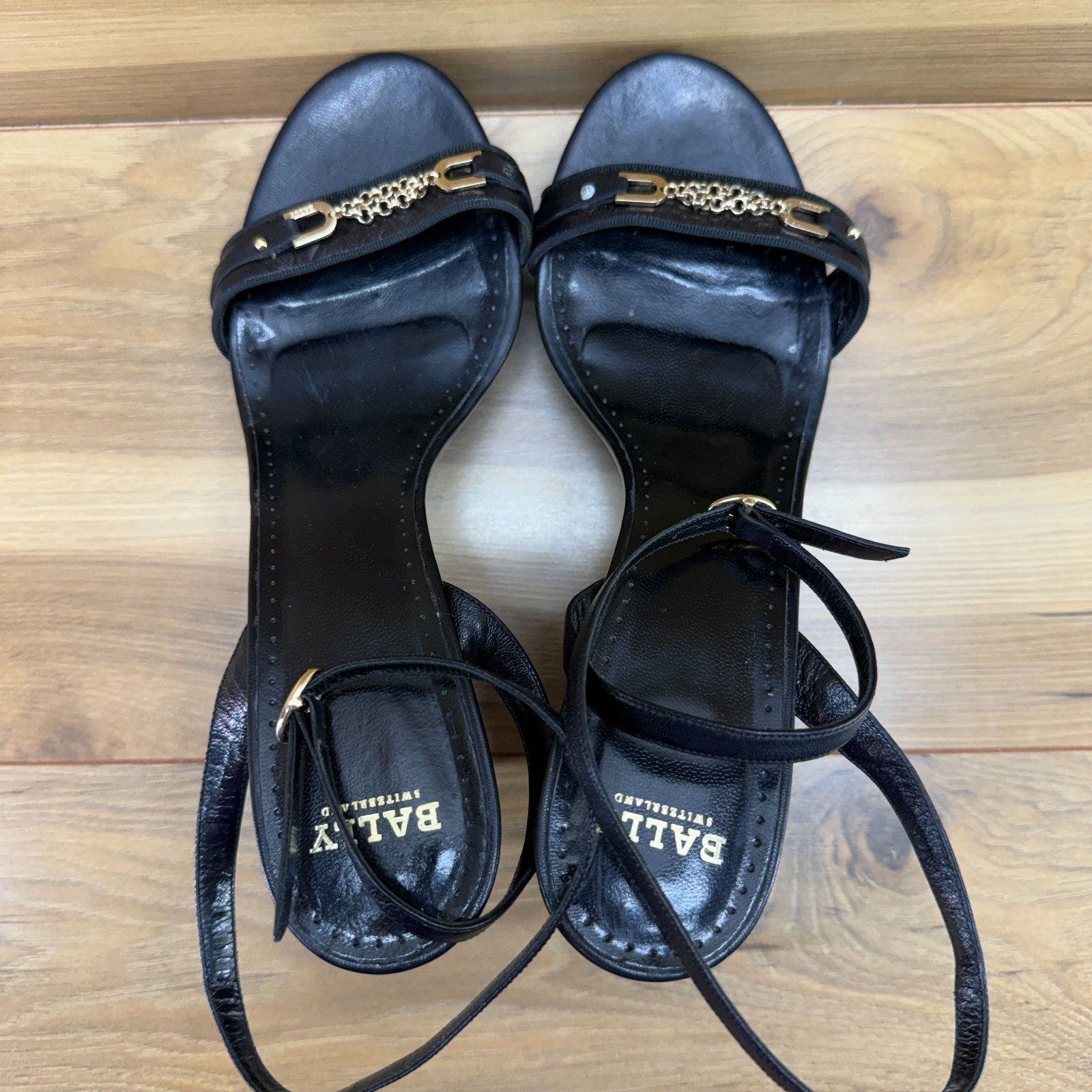 Bally Mapple Wedge Heel 9.5 EU 39.5 Black Leather Ankle Strap Platform Chunky