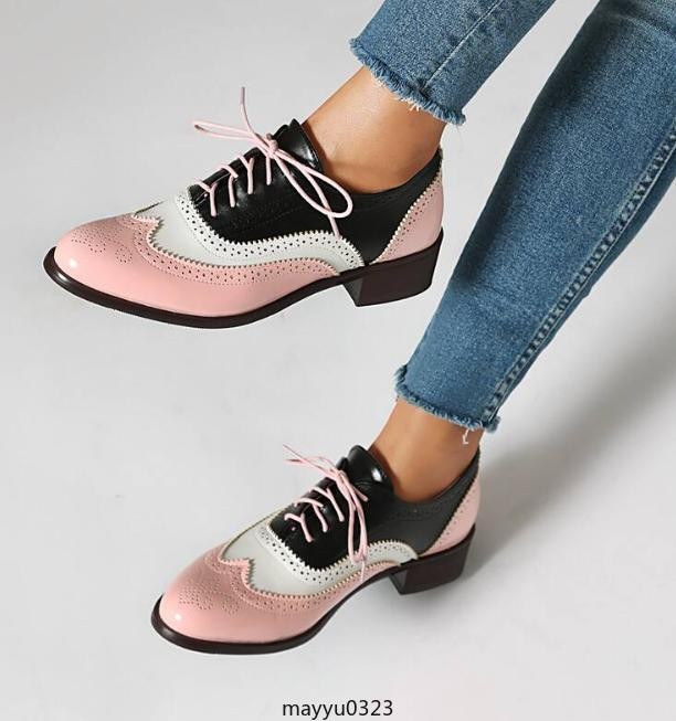 Retro Womens Brogue Pumps Shoes Lace Up Wing Tip Casual Fashion Flat Oversize