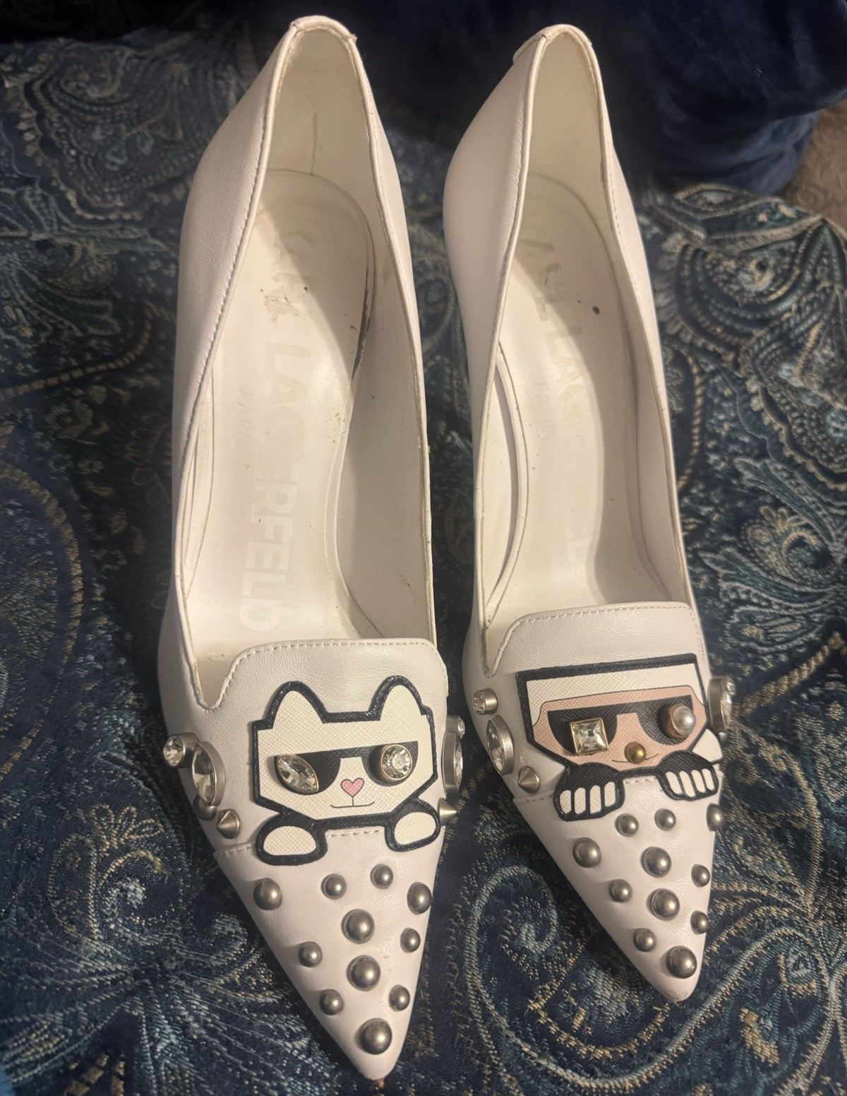 KARL LAGERFELD White Cat Face Studded Pointed Toe Stiletto Pumps 8.5