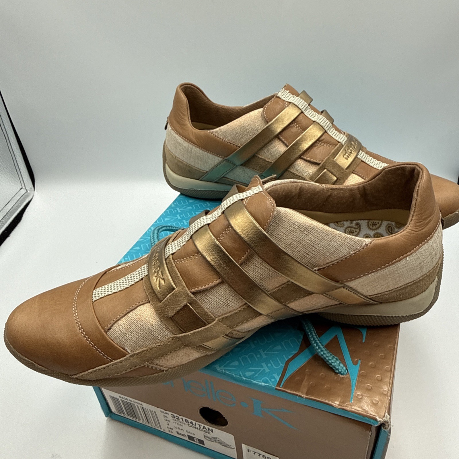 Michelle K Sport Women’s Sz 6 Brown Gold Leather Lace Up Athletic Shoes Moxie