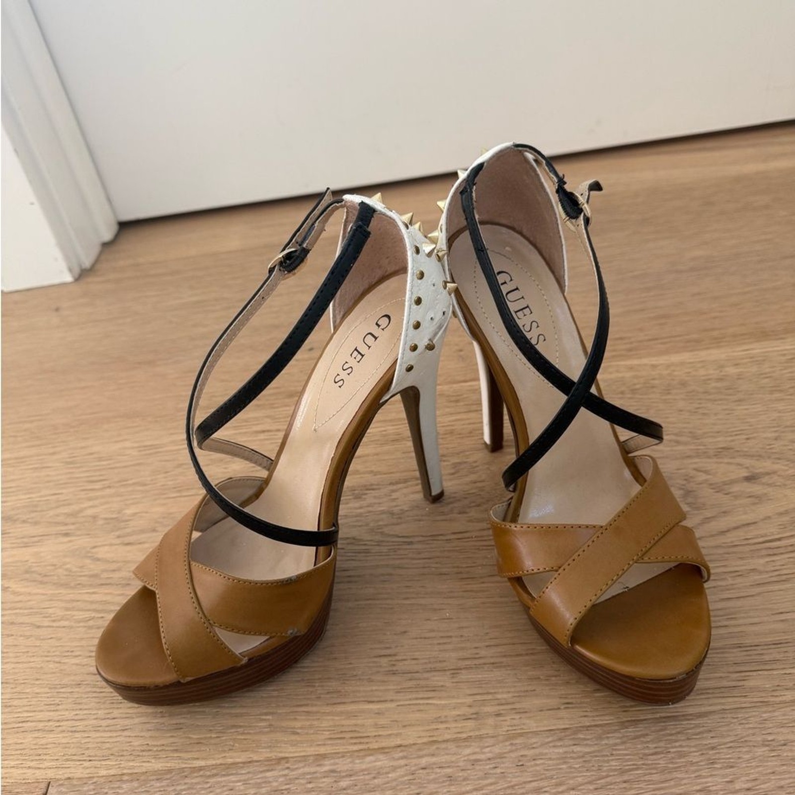 Guess Studded Heel Sandals Strappy Brown White Gold Heels Edgy Chic