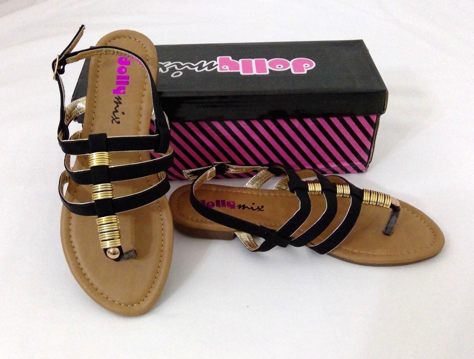 DOLLYMIX ELLA-40 Sandals Black Gold Flats Strappy Womens Shoes Size 6 Medium B M