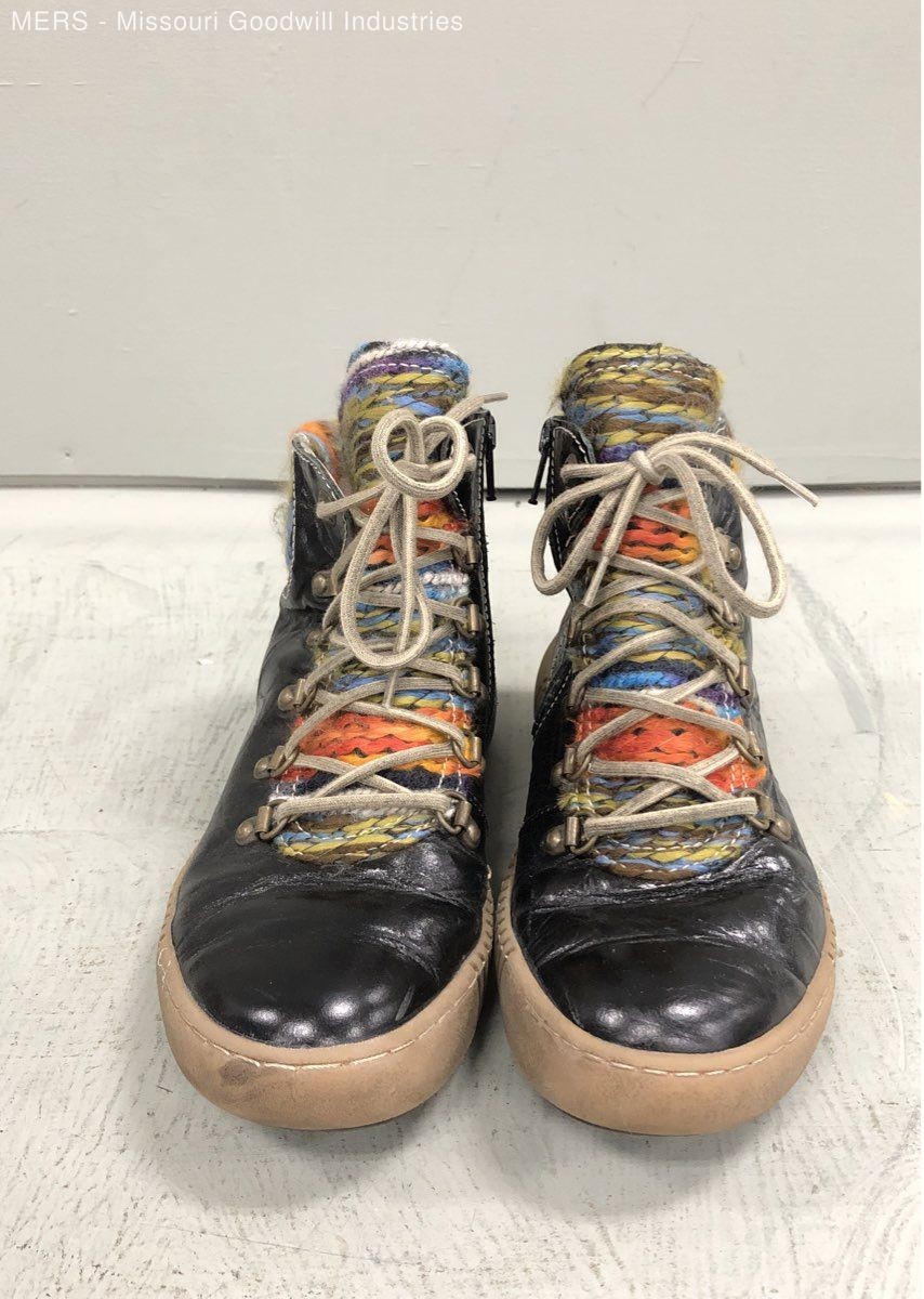 Josef Seibel Black Leather Knit Multi-Color High Top Women’s Boots EU 38 US 7.5