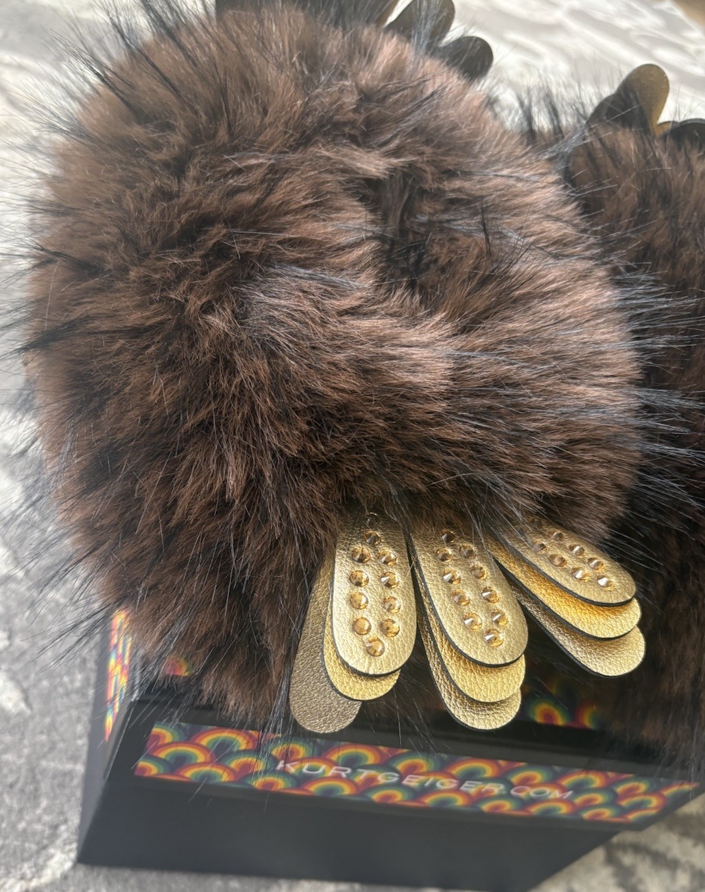 Kurt Geiger London-Eagle Fluff Faux Fur Bedazzled Brown/Gold Slippers, 8/9 New