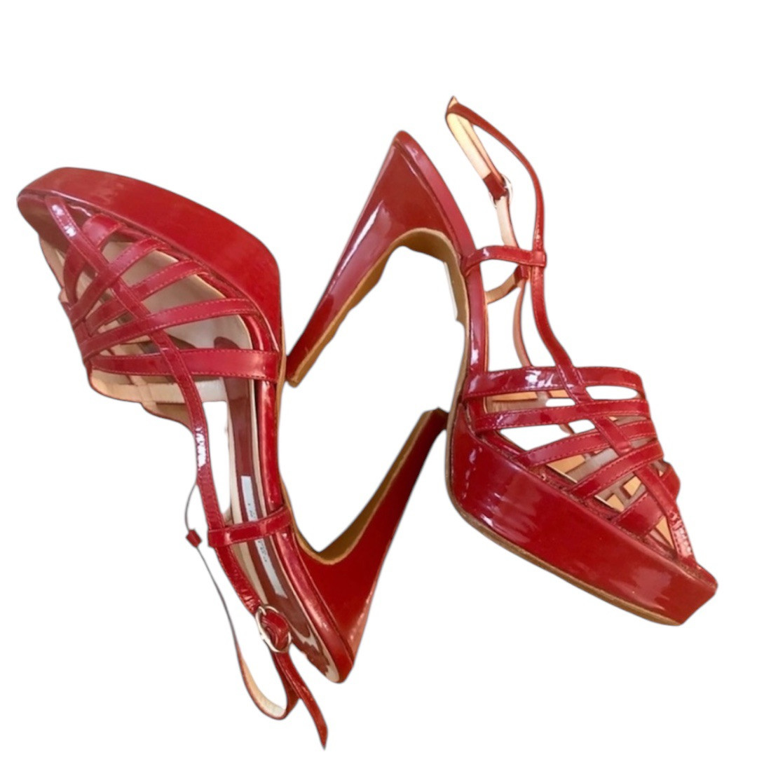 POLLINI Italy Red Patent Leather Sexy Sling Back Open Toed Stiletto Heels, 37/7