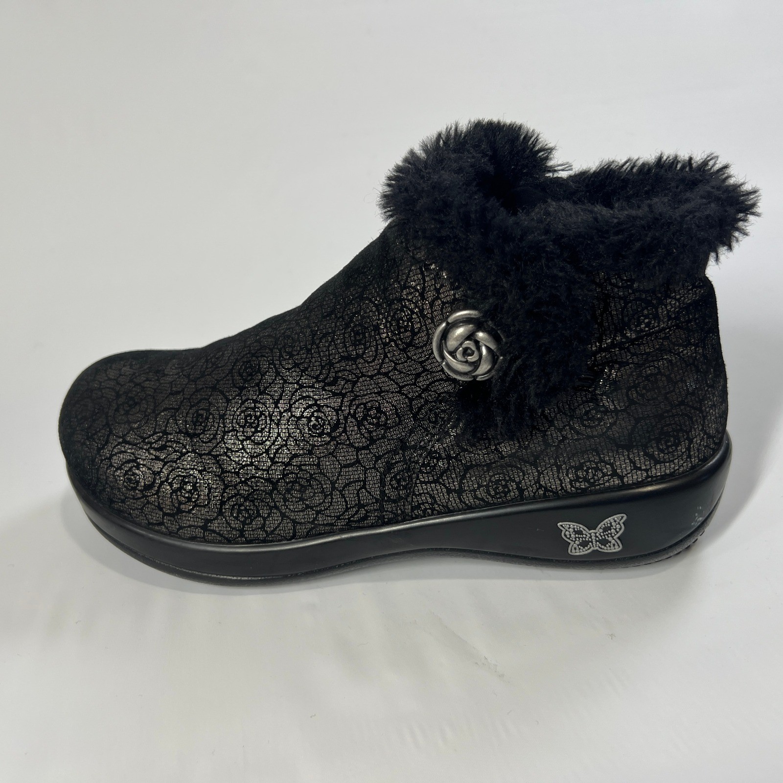 Alegria Meri Black Floral Water-Resistant Leather Ankle Boots Faux Fur Lined 37W