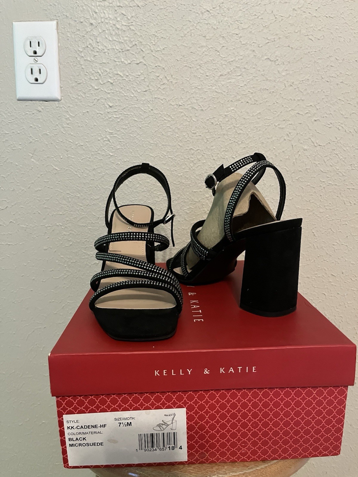 Kelly & Katie Black Microsuede Rhinestone Strappy Ankle Strap Block Heel 7.5M