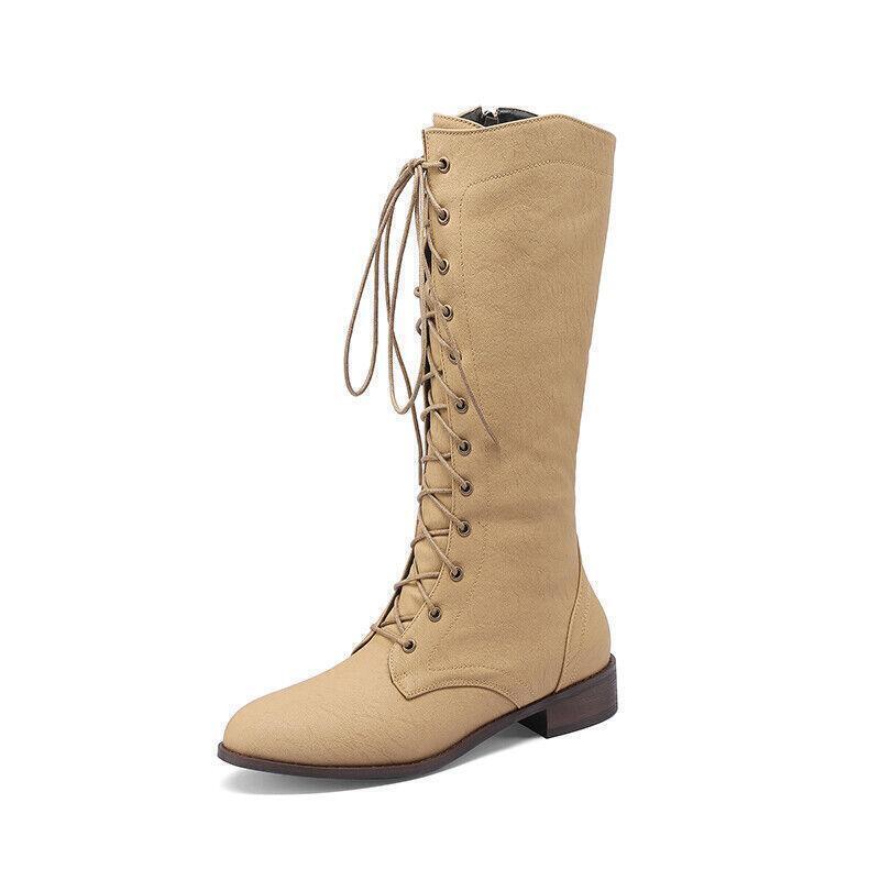 Women’s Mid Calf Boots Punk Casual Shoes Flat Lace Up Side Zip Riding Outdoor SZ