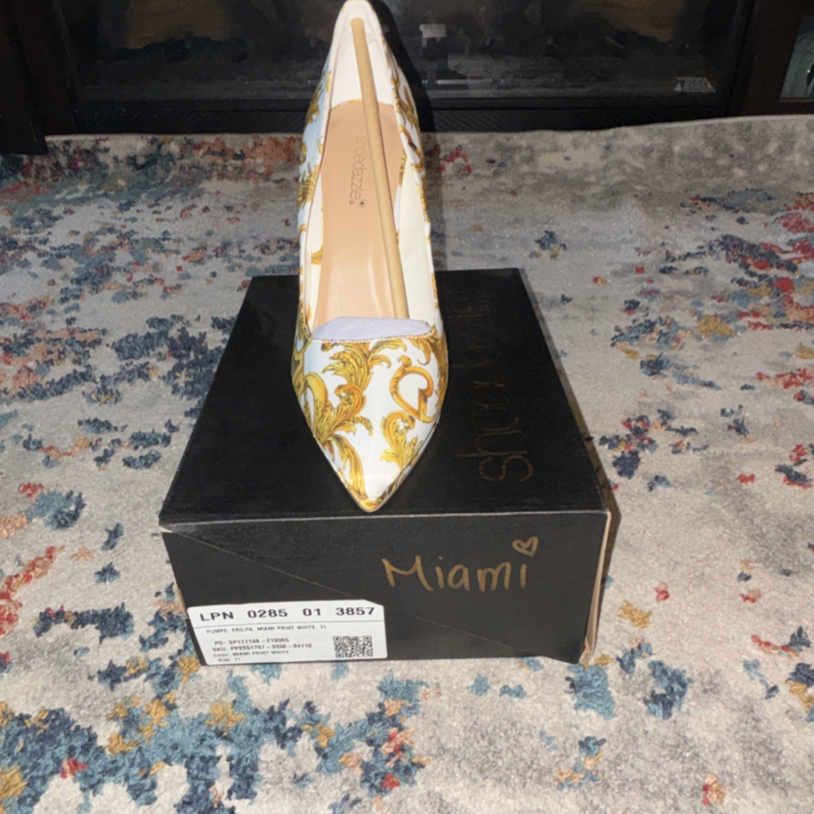 Miami White/Gold Floral Print Pointed Toe Slingback Stiletto Heels US 11