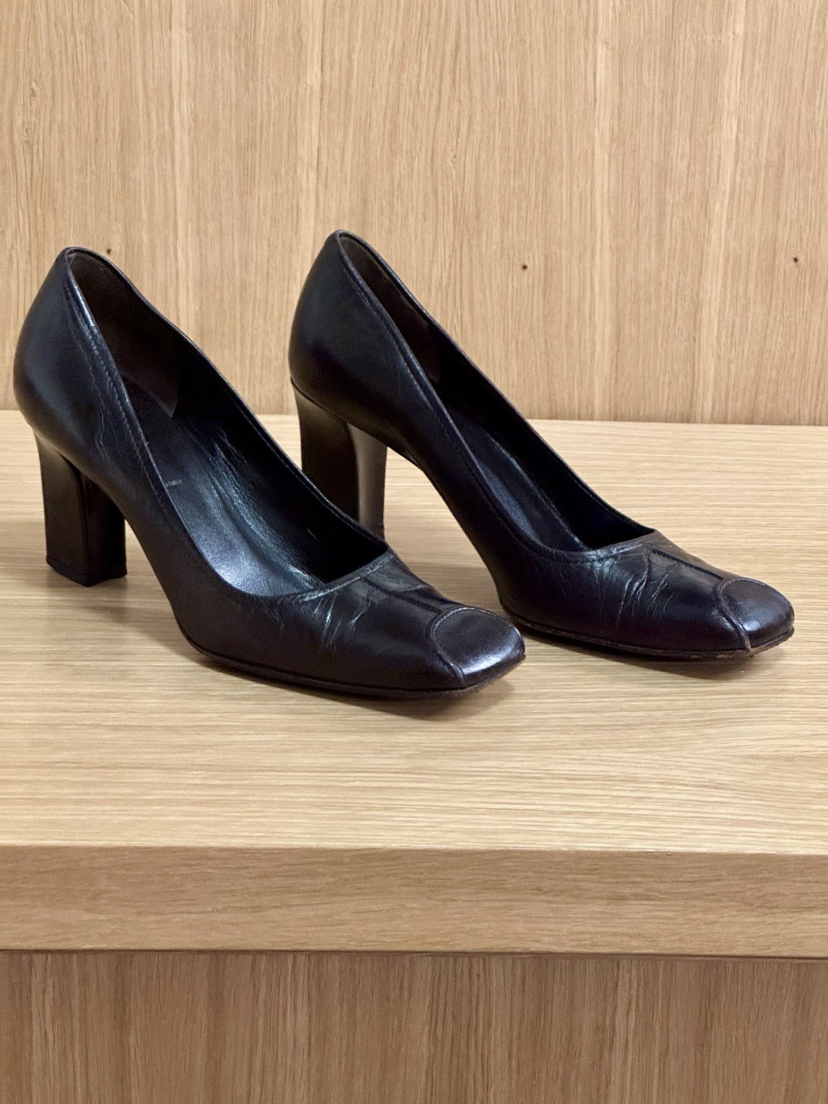 Prada Black Leather Square Toe Block Heel Pump, Women’s IT 36 / US 6, Y2K Shoes